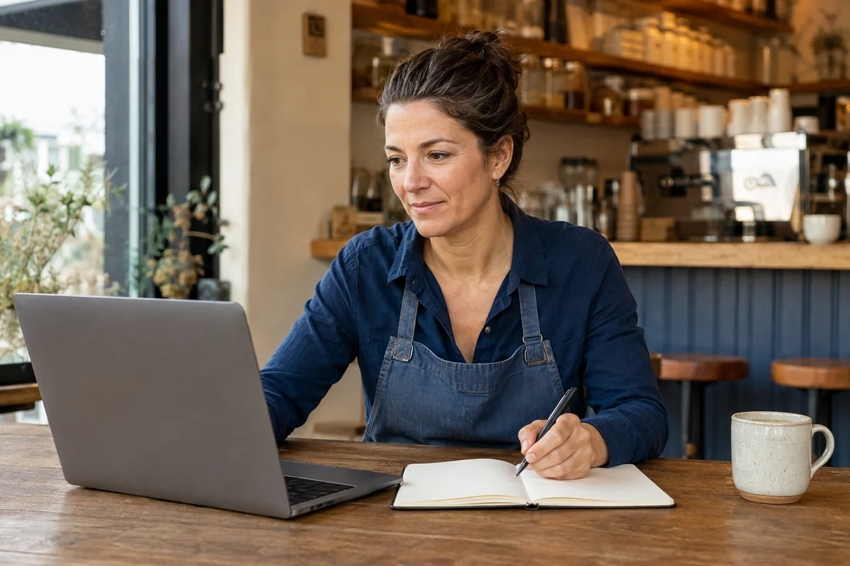 Illustrative scene of a small-business owner working at her café.
