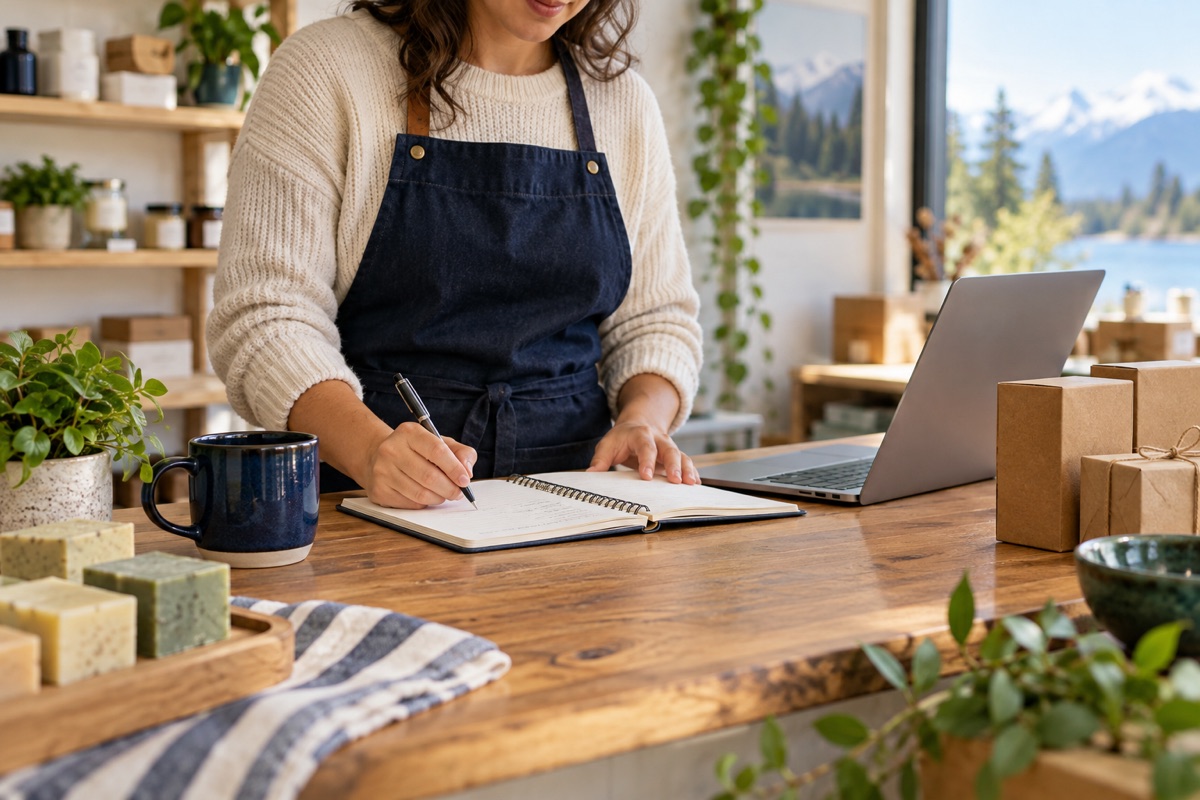 A small business owner reviewing a notebook beside a laptop and unbranded product boxes