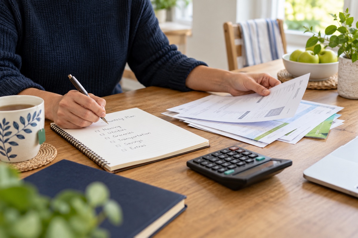 A couple calmly reviewing a simple financial plan together.