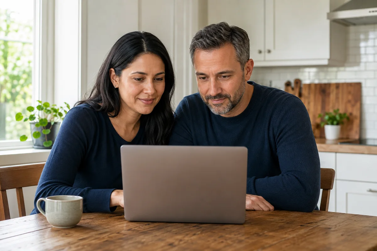 Illustrative scene of a couple considering their next steps together at home.