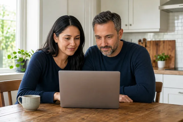 Illustrative scene of a couple considering their options together at home.
