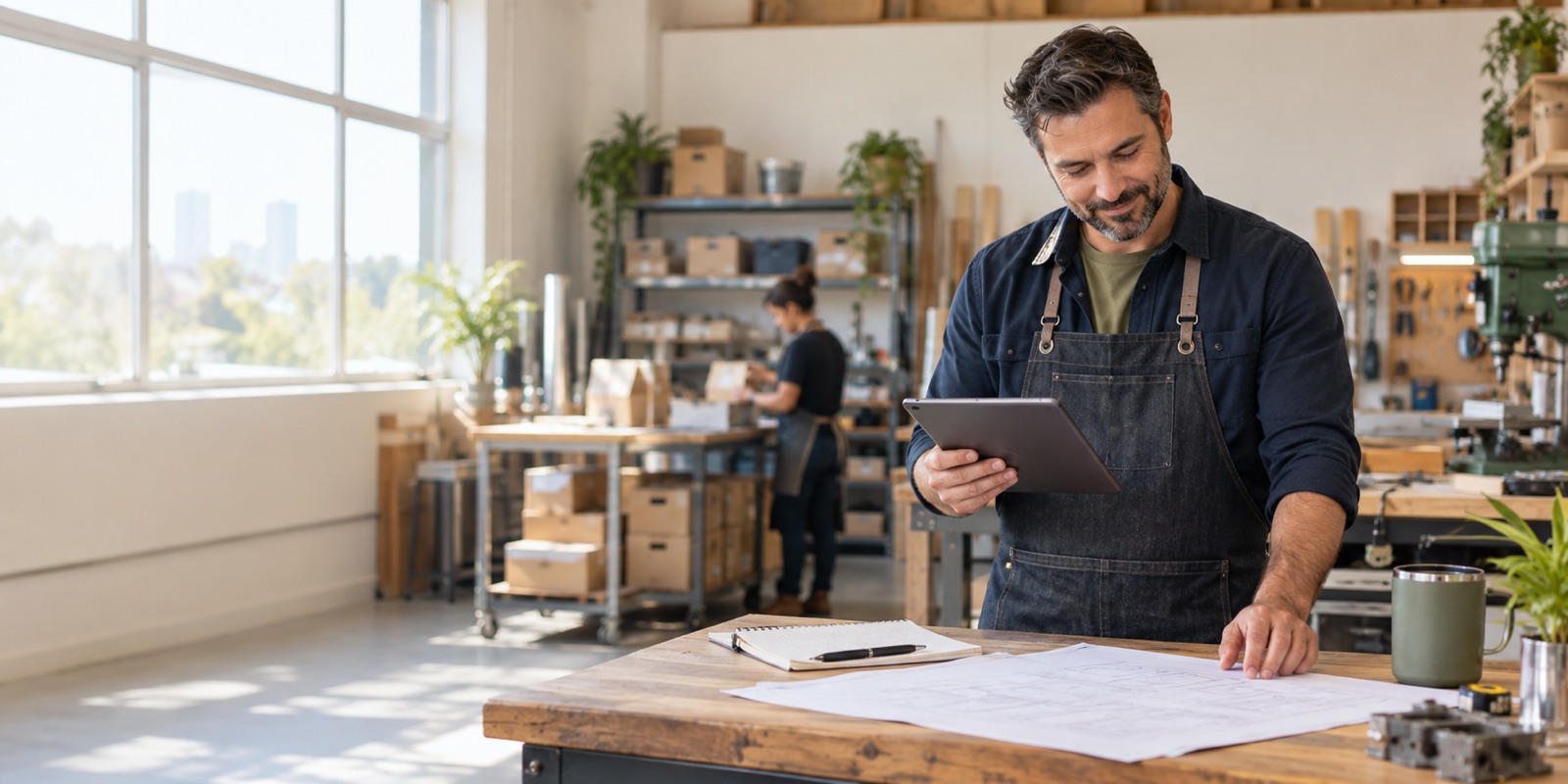 Illustrative image of a Canadian small-business owner planning work in a workshop