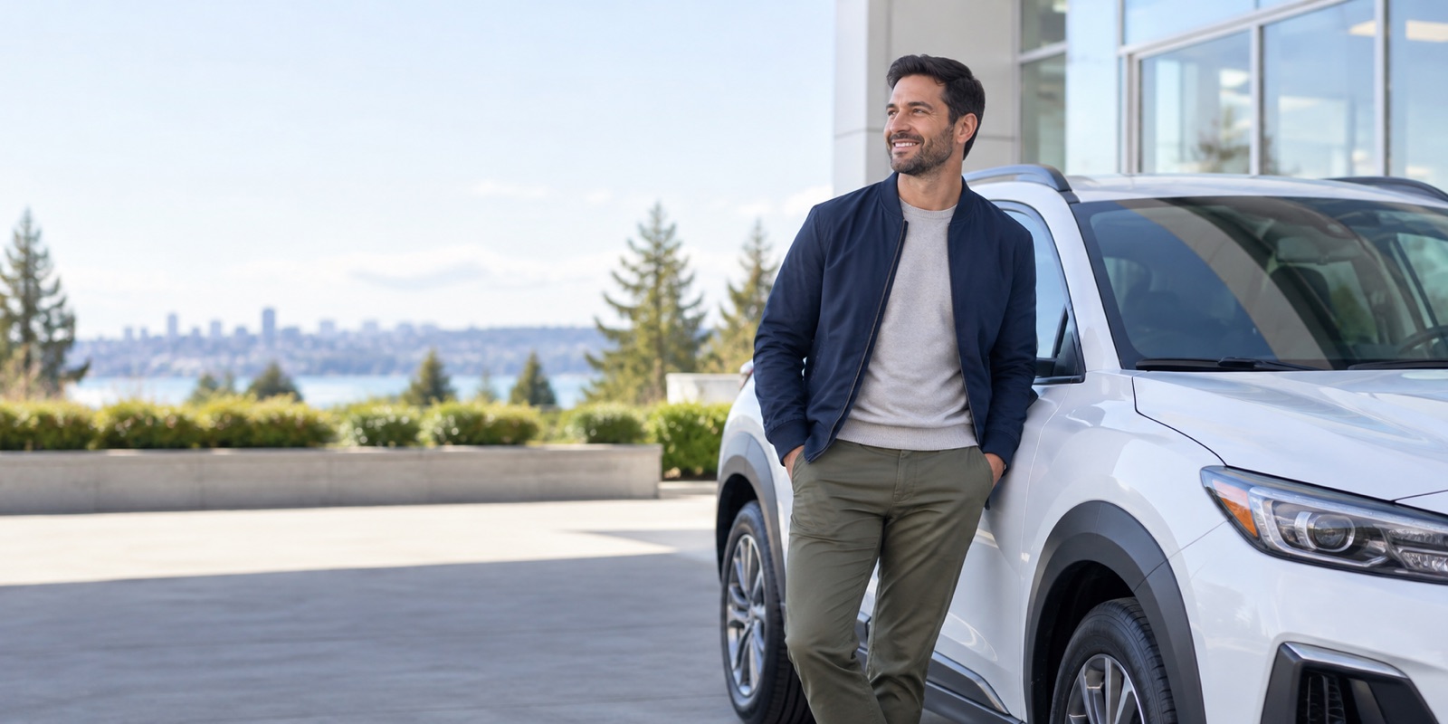 Illustrative image of a Canadian driver standing beside a practical vehicle